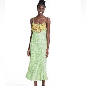 RIXO for Target Green Leopard Sleeveless Ruffle Floral Slip Dress SZ XS